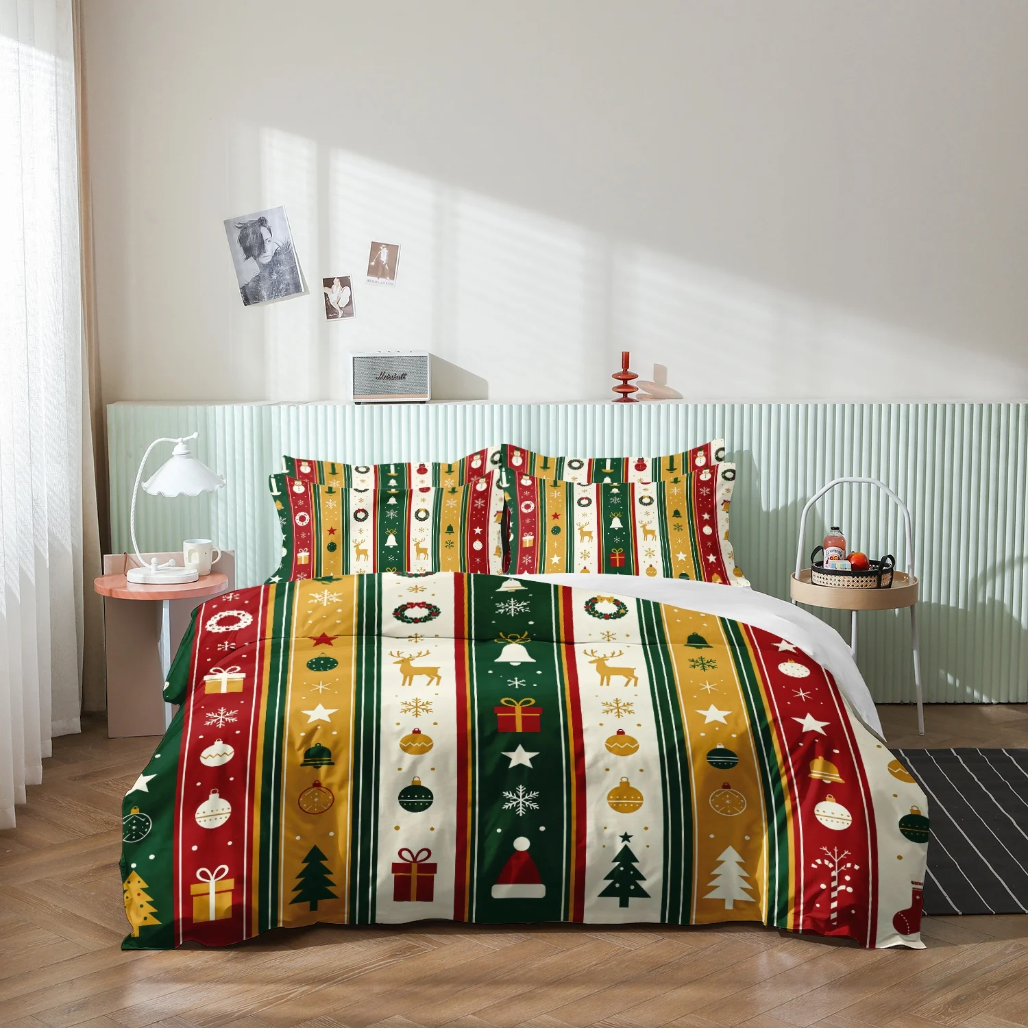 3Pcs Christmas Vertical Striped Duvet Cover Set, Red Green Reindeer Christmas Tree Wreath Bells Gift Boxes Snowflakes Bedding