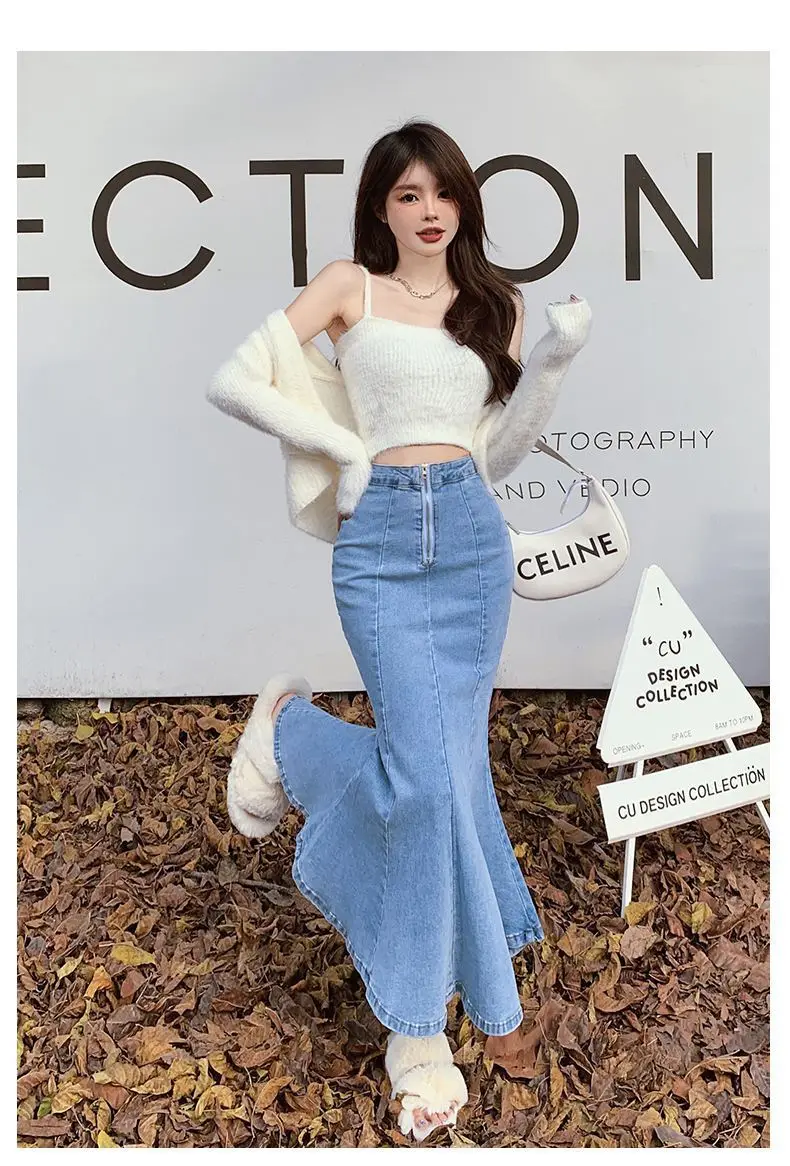 2026 Solid Slimming High Waist Midi A- Line Skirt Woman Trumpet Sides for Women Denim Half-length Skirt with Flounce