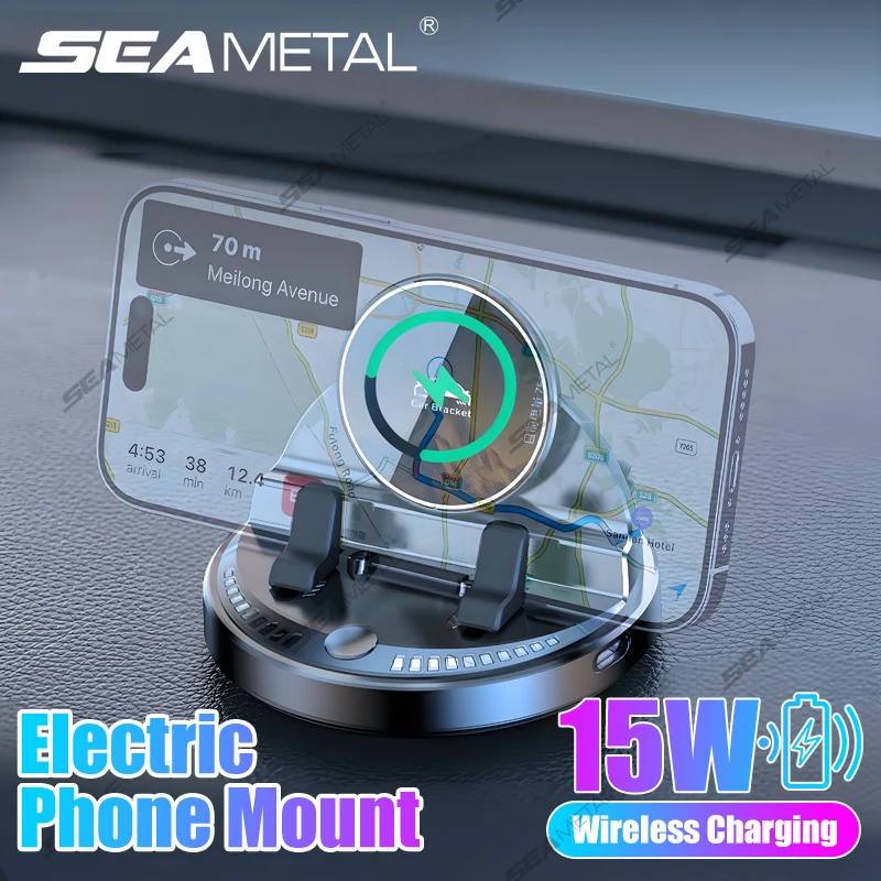 SEAMETAL 15W Suporte de telefone de carregamento sem fio para carro Clipe elétrico Suporte de telefone para painel Suporte de telefone universal para 