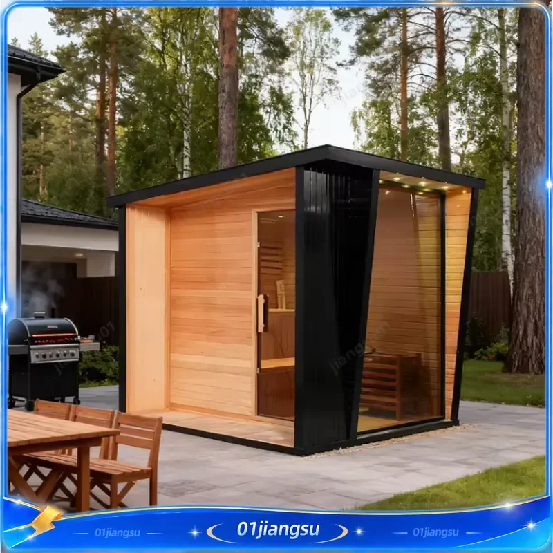 4 Person Outdoor Traditional Sauna Hemlock Wood Infrared Salt Therapy Sauna Room Kit Home Spa Wellness Heat Cabin