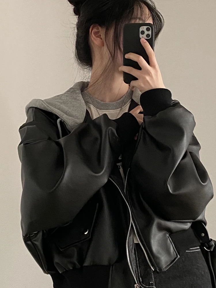 Ele ort PU Leather Jaet Women's Korean Sle Autumn Winter Coat Design Hat Jaet Fem Faionable Slim Fit Top