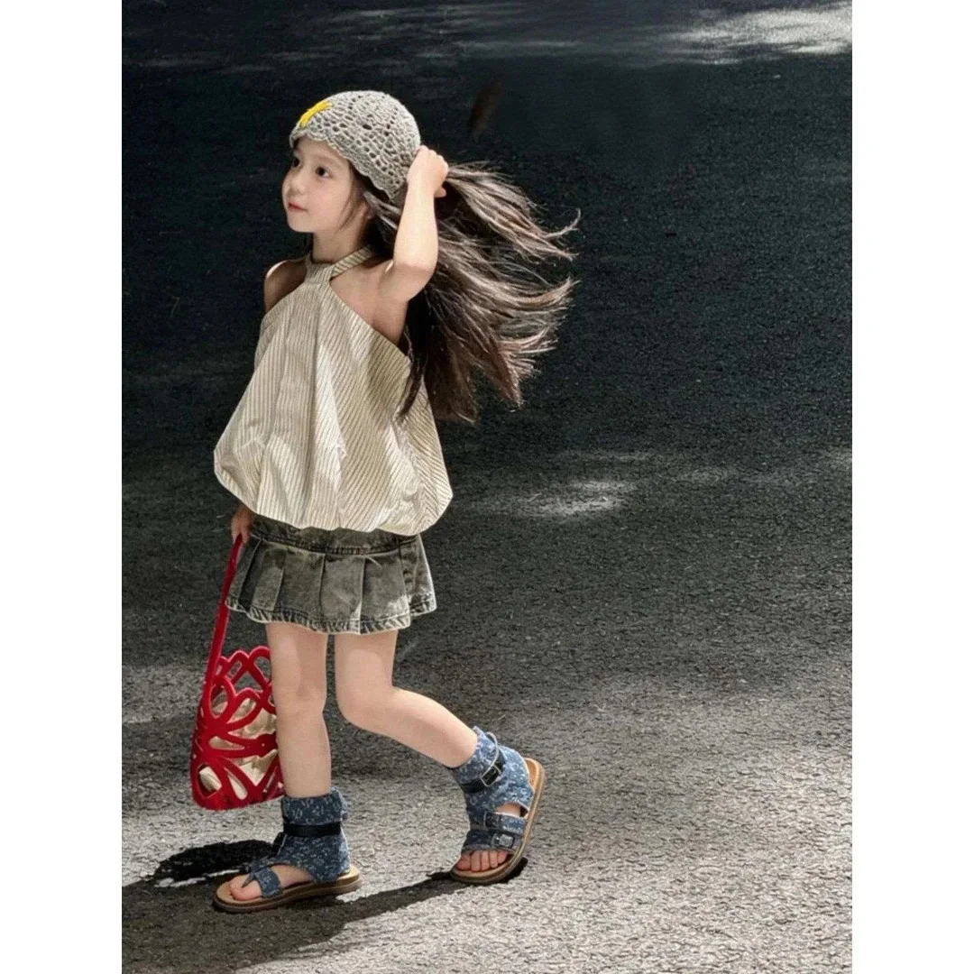 Girls Outfit 2026 Summer Fashion New Small-Brand Simple Chic Casual Stylish Girls Halter Neck Striped Top and Denim Skirt Set