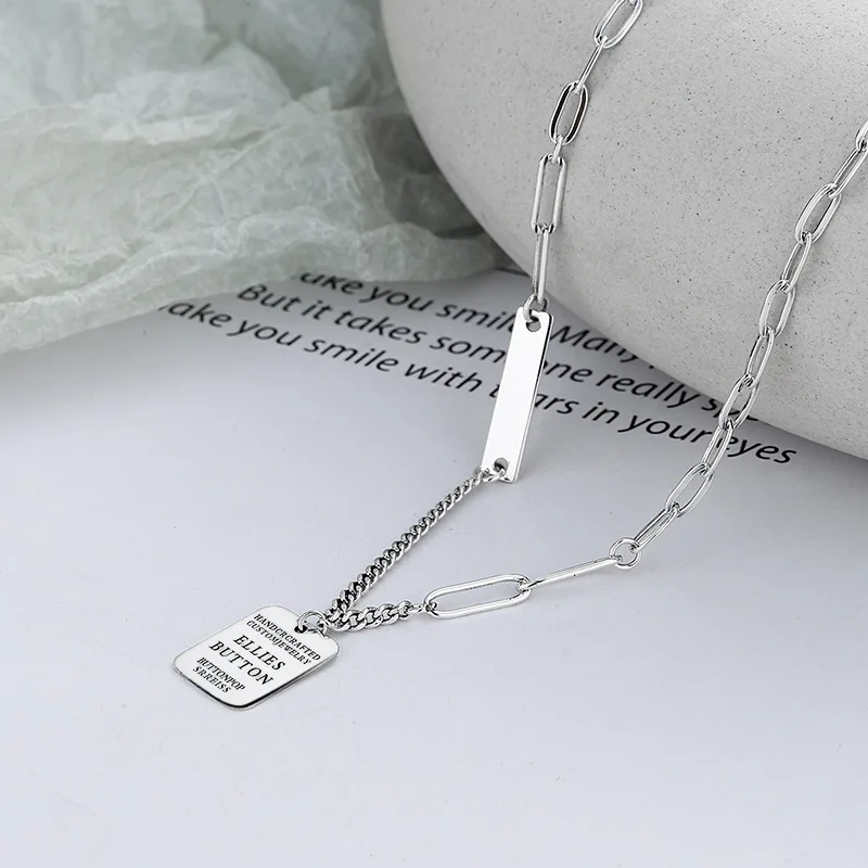 925 Sterling Silver Necklace with Side Chain, Patchwork English Sentence and Small Square Pendant Necklace, Hip-hop Style