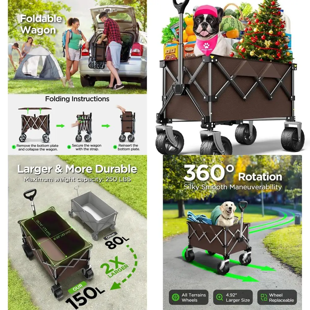

Portable All-Terrain Folding Wagon - 220lbs Capacity, Big Wheels, Ideal for Gardening, Grocery, Sports, Camping - Khaki