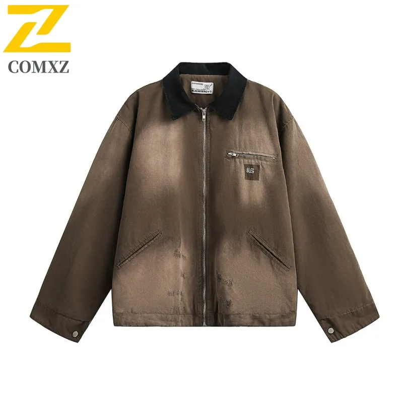معطف رجالي من قماش الدنيم من COMXZ بتصميم بسيط لرحلة الطريق سترات عمال للسفر وادي عطلة نهاية الأسبوع والتخييم سترات مريحة #1