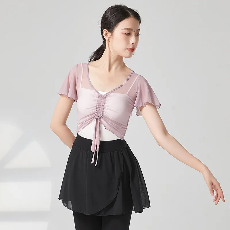 Mesh V-neck Crop Top Ballet T shirt Dance Tops Ballerina Dancewear Ballet dance practice Clothes Classic Costumes for Dancing To