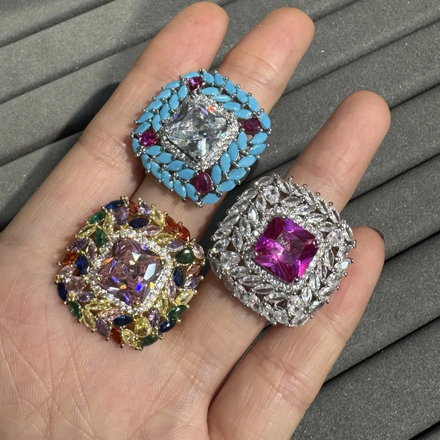 

fashion cubic zirconia ring for women jewelry gala event party blue fushia multicolor square opened ring female gift shiny