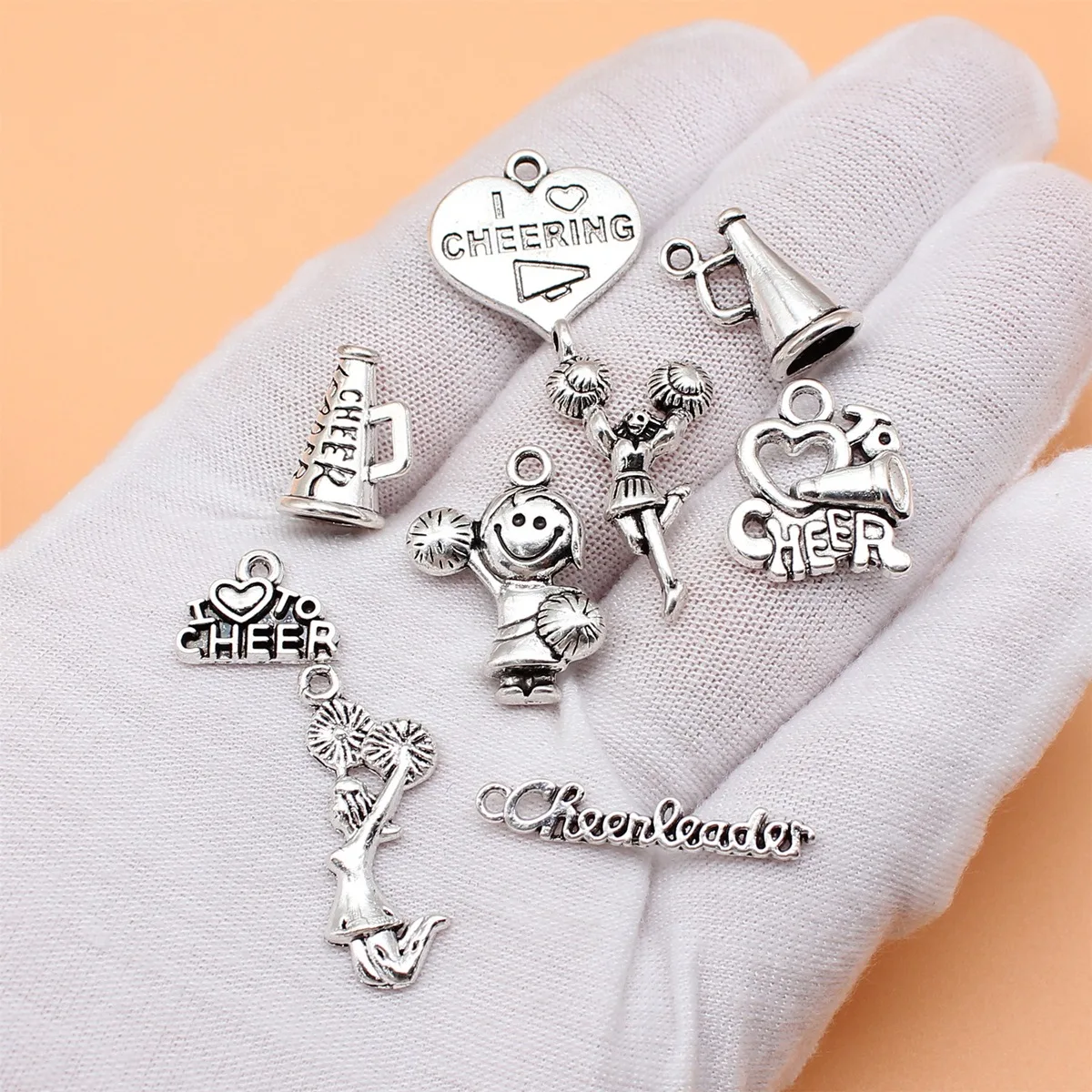 9pcs Antique Silver Color Cheerleaders Charms Collection For DIY Jewelry Making, 9 Styles, 1 of Each