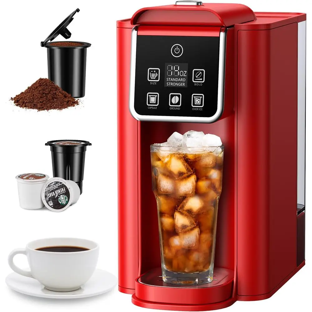 

Compact Coffee Maker: Brews Hot & Iced Coffee, K-Cup and Grounds, 6-14 oz Sizes, 50 oz Water Tank, Bold Setting, Reusable Filter