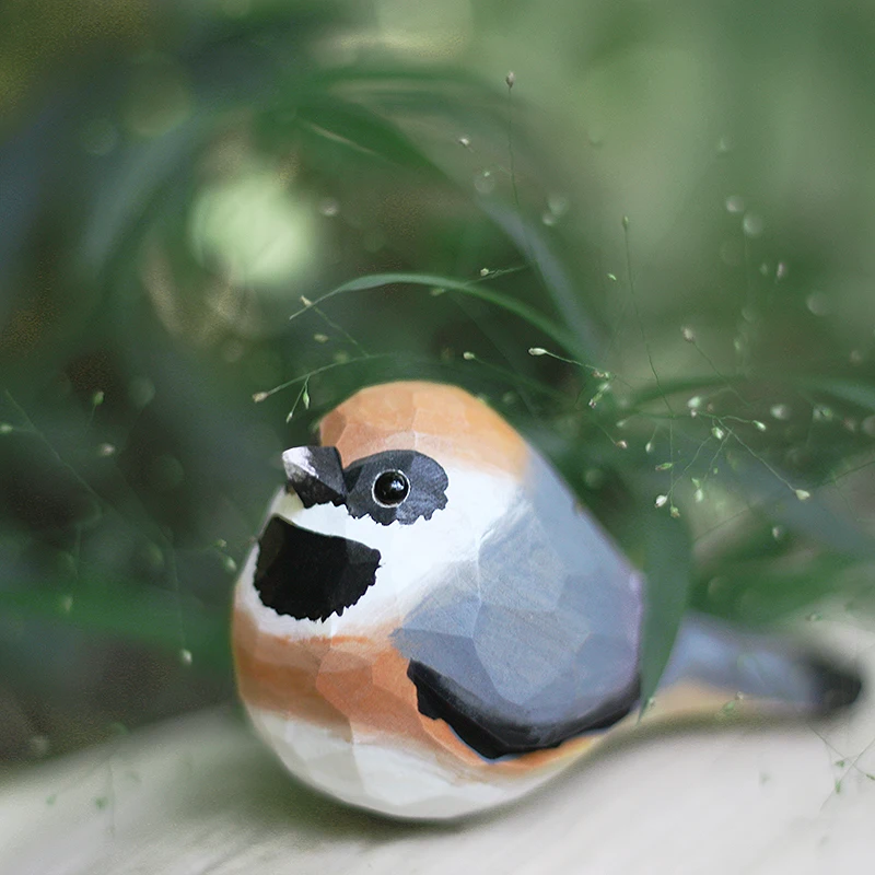 Handmade wood carving red head long-tailed tits small fat bird solid wood crafts Black-throated Tit table decoration