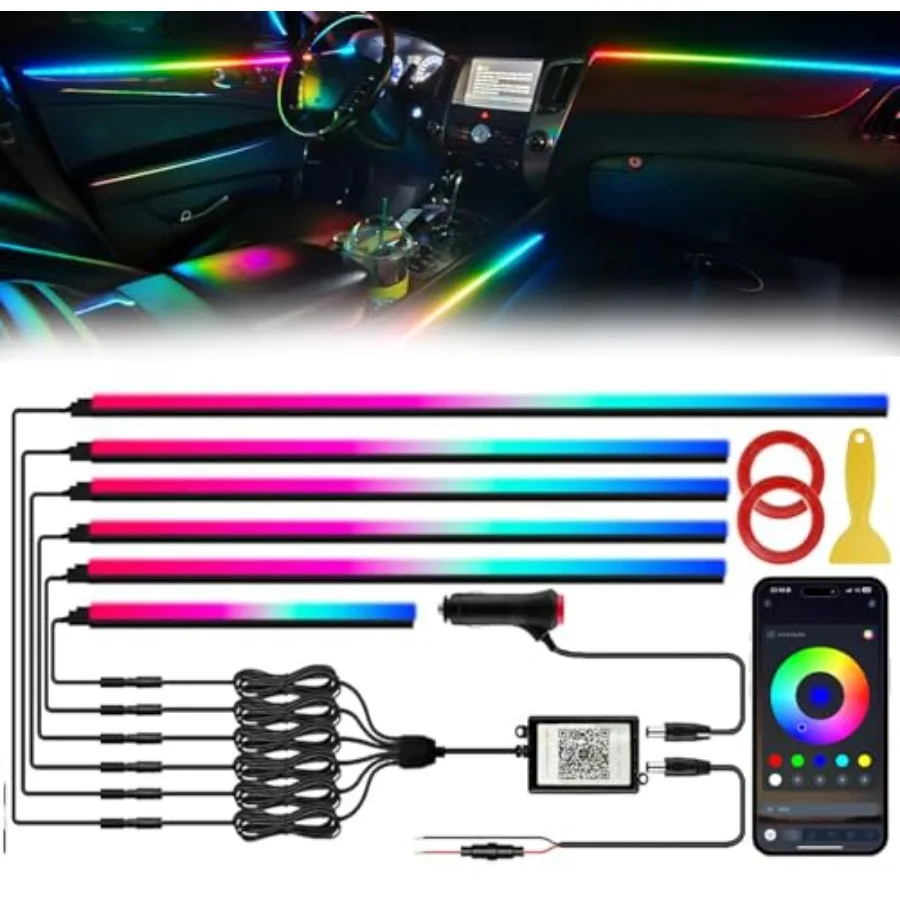 

Acrylic Interior Car LED Lights with Wireless APP 6 in 1Ambient Lighting Kits Fiber Optic Strip LEDs 16 Million Colors Musicand