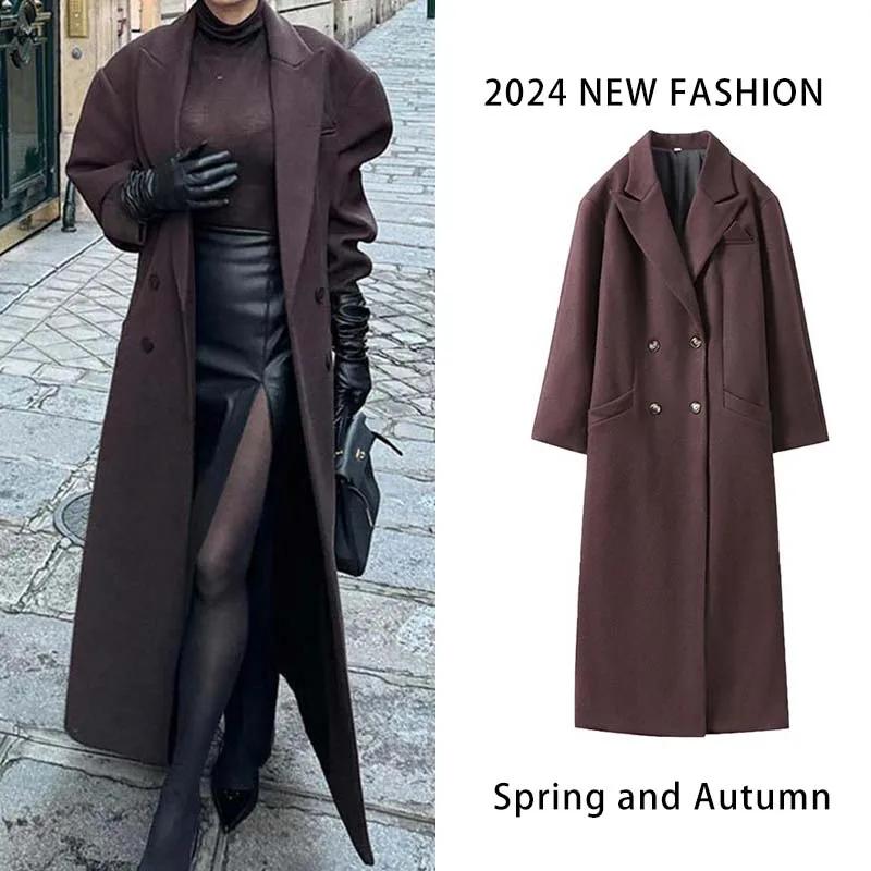 Double Breasted Overcoat Women Flip Collar Coat Vintage British Style Loose Long Sleeve Coats Large Pocket American Fashion