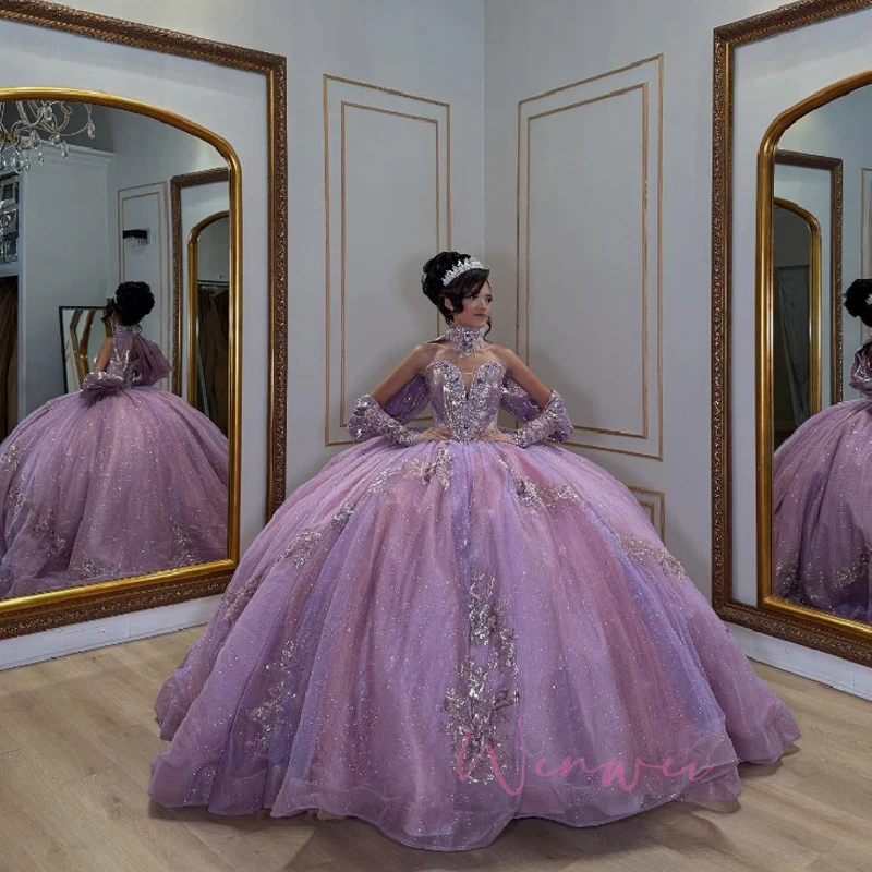 فساتين Quinceanera لامعة مخصصة مكشوفة الكتفين للأميرة مزينة بالدانتيل والخرز من التول لحفلات أعياد الميلاد 15 #1