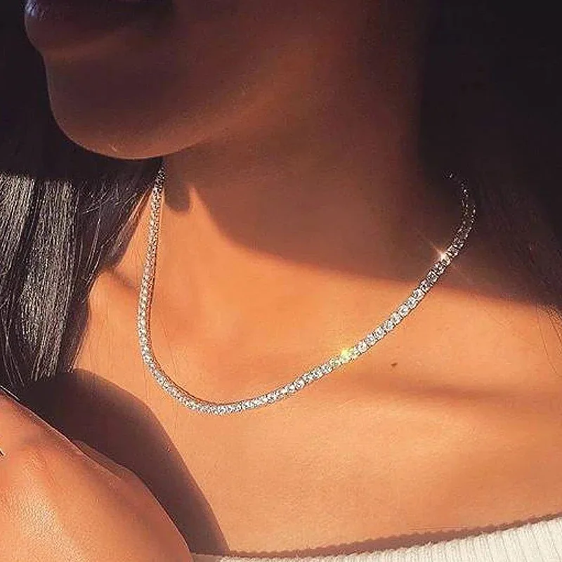 Sexy Choker Iced Out Tennis Chain Necklace For Women Luxury Cubic Zirconia Crystal Short Hiphop Neck Accessories Jewelry OHN016