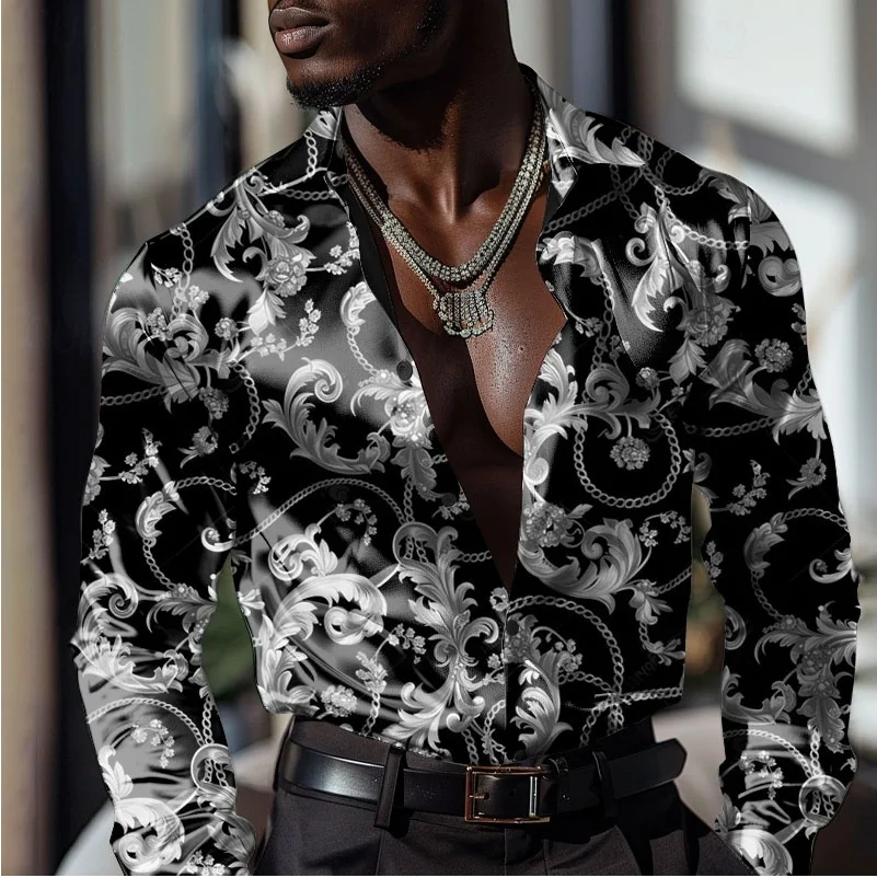 Men's Baroque satin shirt, men's long sleeved fashionable casual formal wear, vacation dinner party, summer spring and autumn co