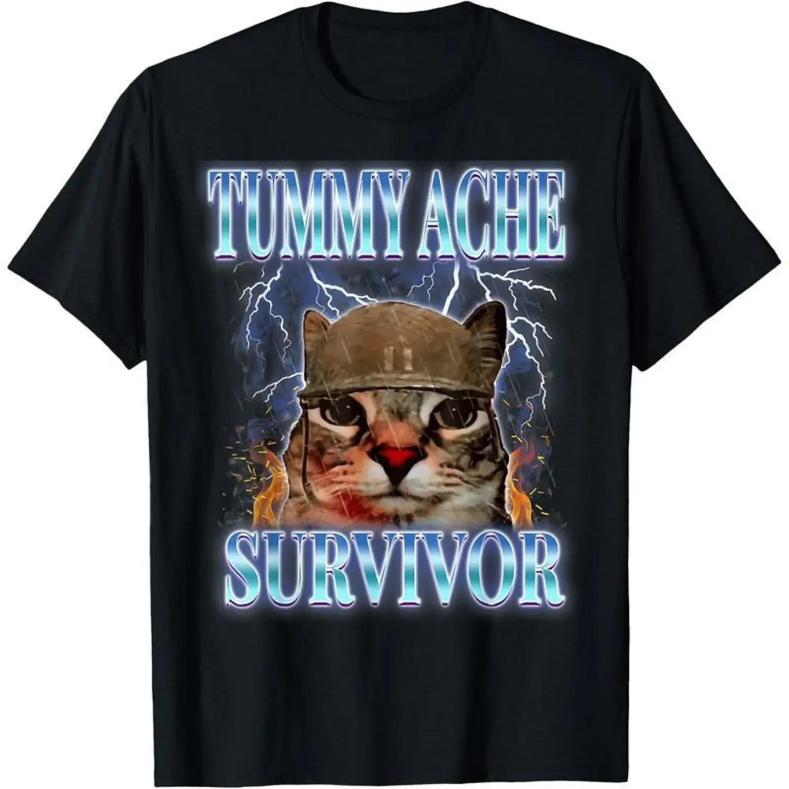 Funny Cat Meme T Shirt Tummy Ache Survivor SweaT Vintage  vintage Washed graphic streetwear Stylish homme Top For Everyday Wear