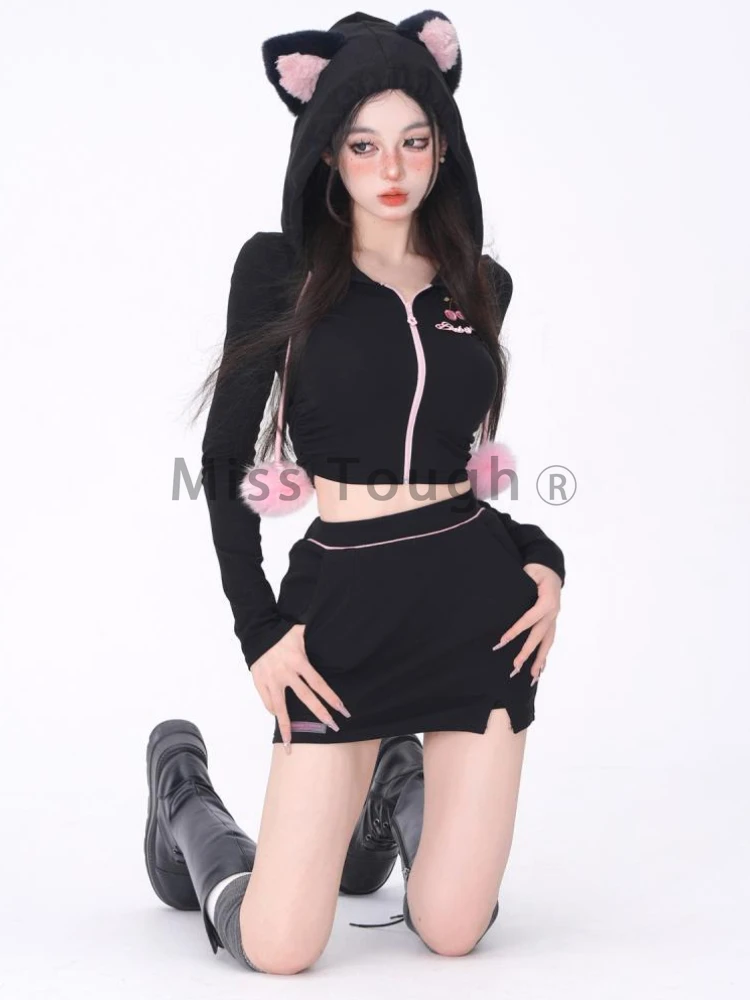 Black Sexy Designer Two Piece Set Women Hooded Japanese Sweet Kawaii Mini Skirt Suit Female Korean Princess Set Winter 2023 New