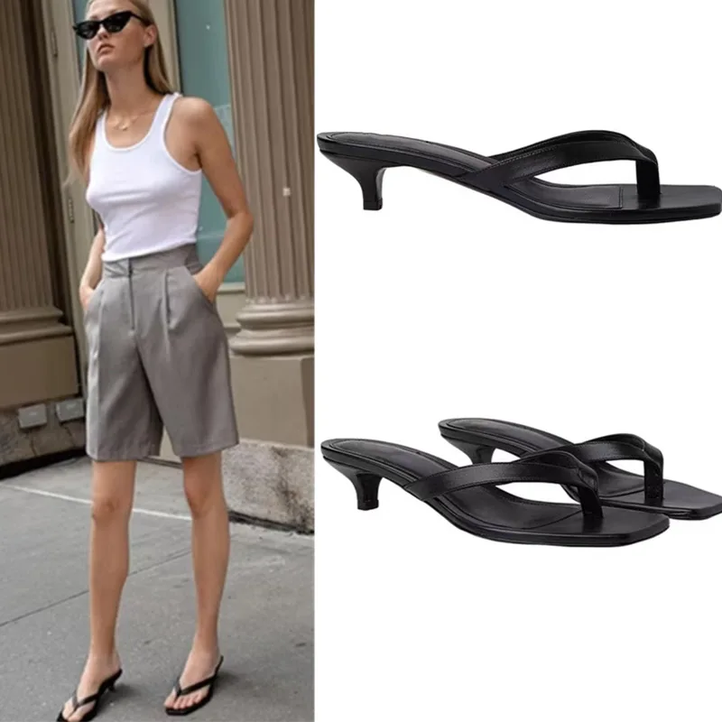 Elegant Cat Heel Ladies Slippers 2026 New Fashion Outer Wear Women Sandals Leather Comfortable Sandals Female