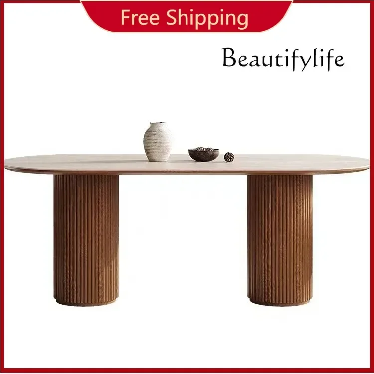 

1C Обеденный стол и стулья из цельного дерева во французском стиле ретро, травертин, каменная плита, овальный дизайнерский обеденный стол из орехового дерева для маленькой квартиры