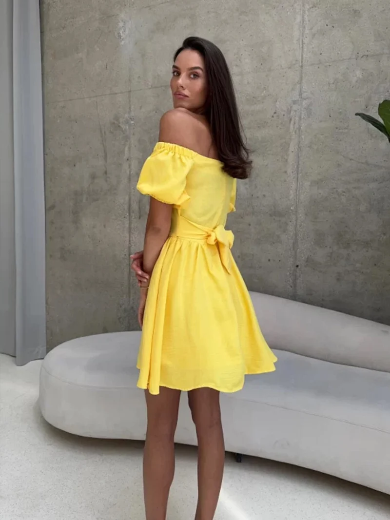 MSCSZ 퍼프 슬리브 오프 숄더 미니 드레스 보우 타이 하이 웨이스트 a 라인 여름 드레스 여성 Boho Chic 짧은 생일 파티 드레스