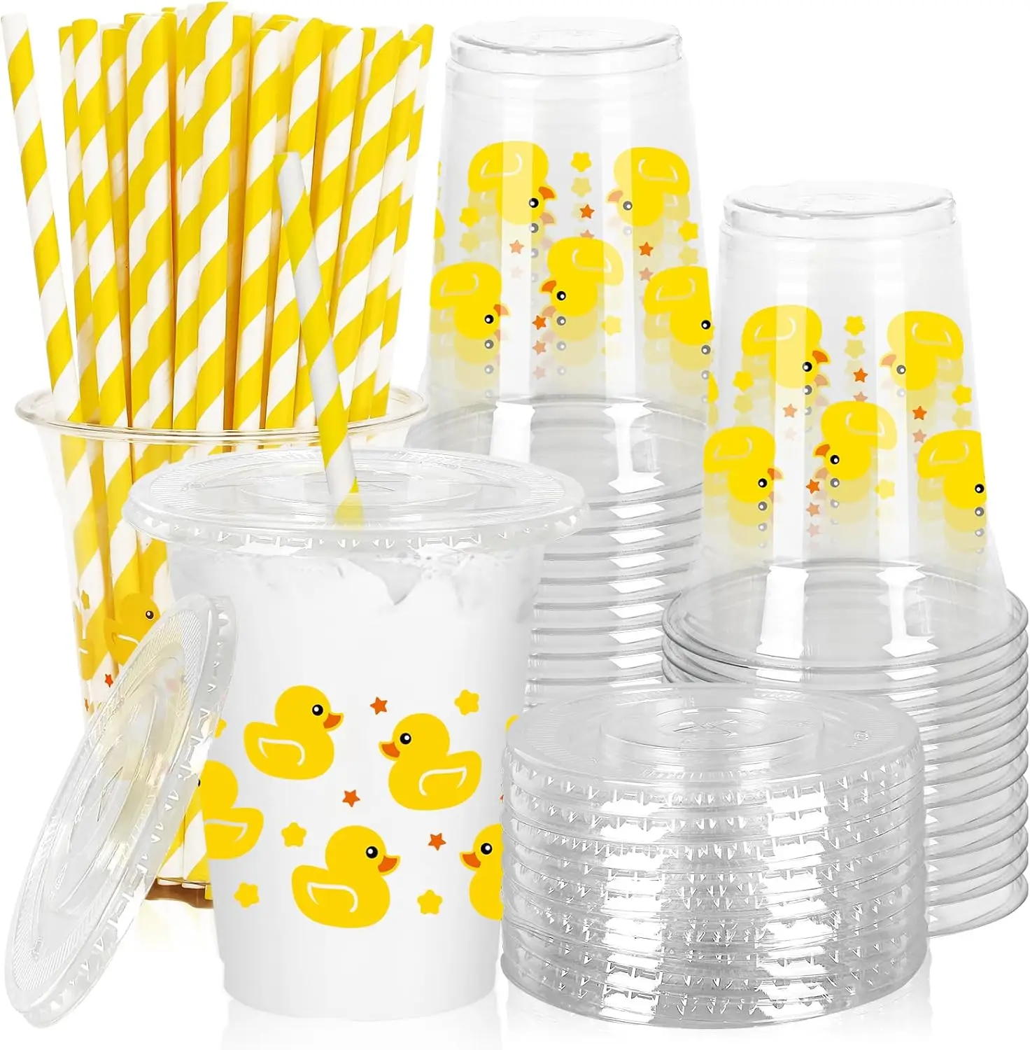 

50Pcs Summer Rubber Duck Plastic Cups with Lids and Straws Cute Duck Clear Plastic Cups 12oz Yellow Disposable Cup for B