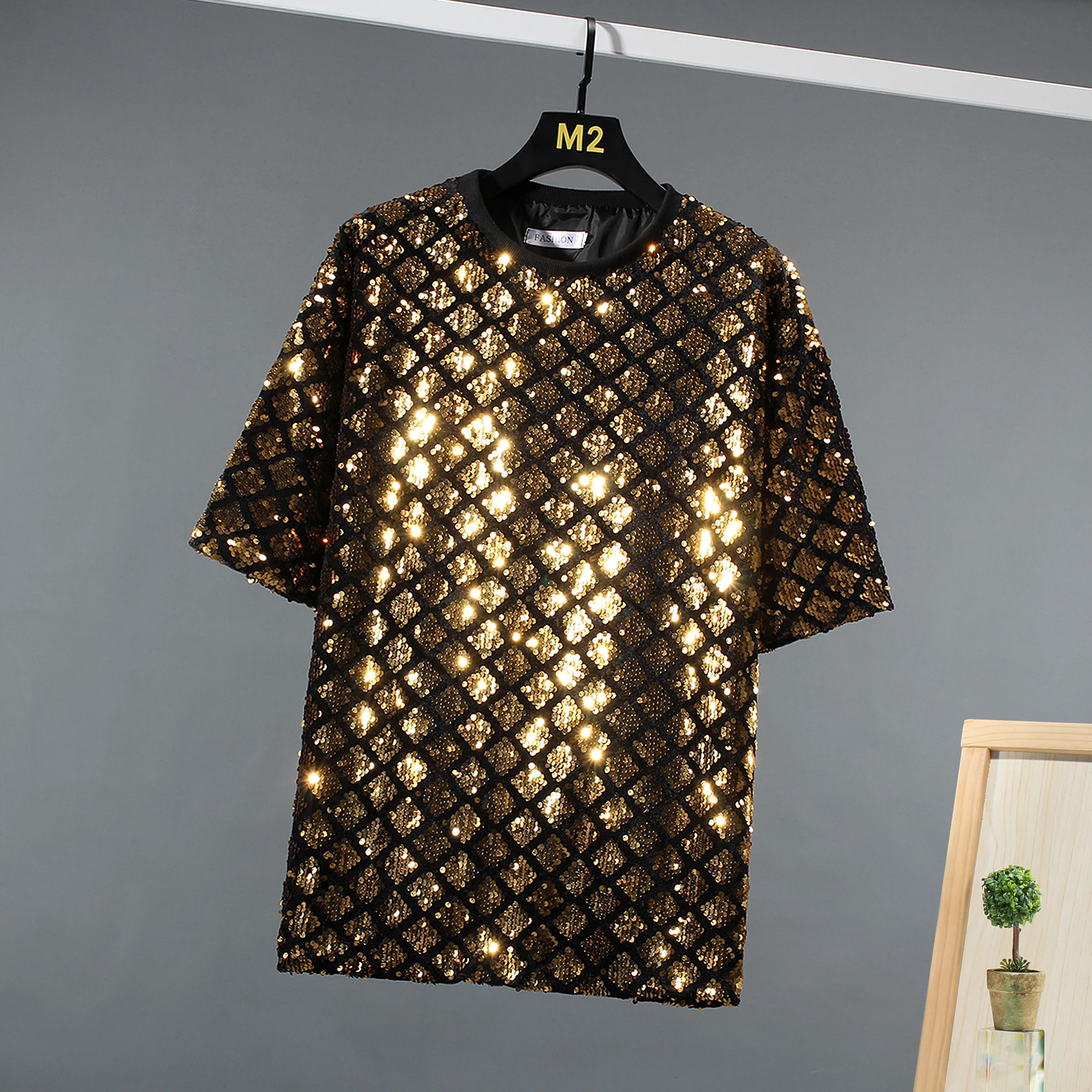 

Youth Gold Diamond Sequin Bright Color Performance Shiny T-shirts Loose Silver Stage Costumes Korean Fashion Clothing Dance Top