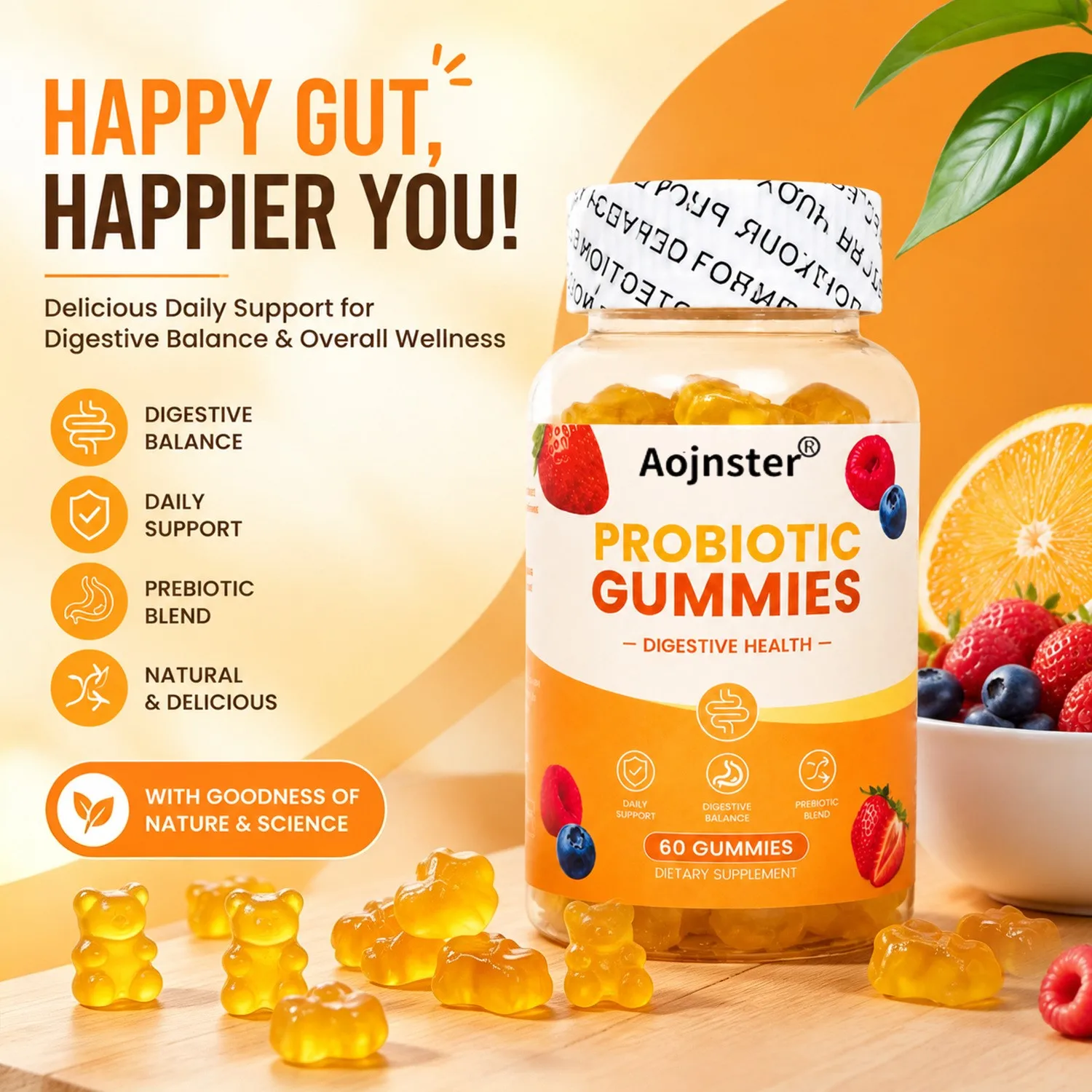 Probiotic Digestive Health Gummies,Mixed Fruit Flavor Chewable Gummies, Daily Prebiotic Blend Dietary Supplement