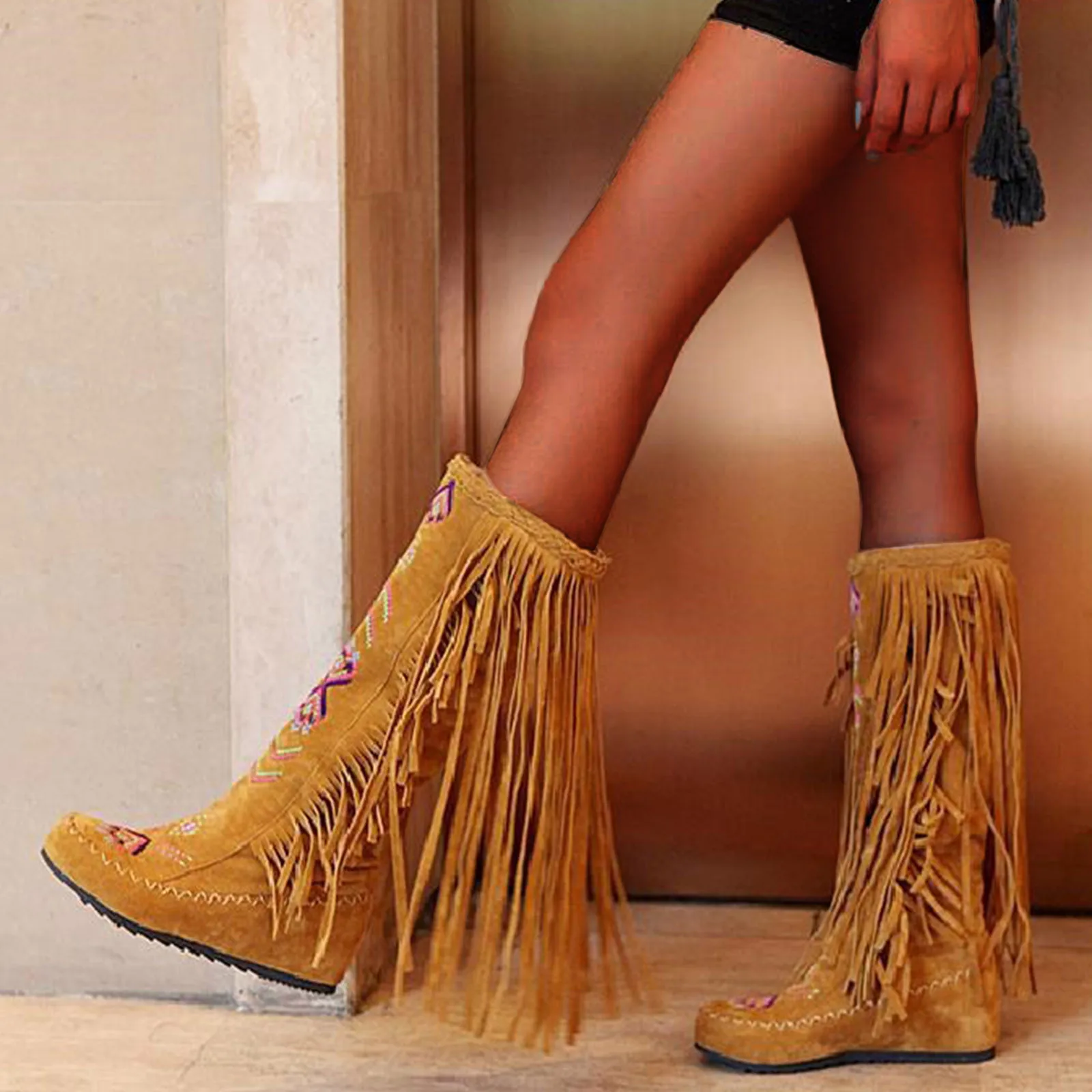 Ethnic Women Boots Fashion Fringe Flock Embroidery Round Toe Wedges Mid-calf Boots Solid Plus Size Comfort High Heels Booties