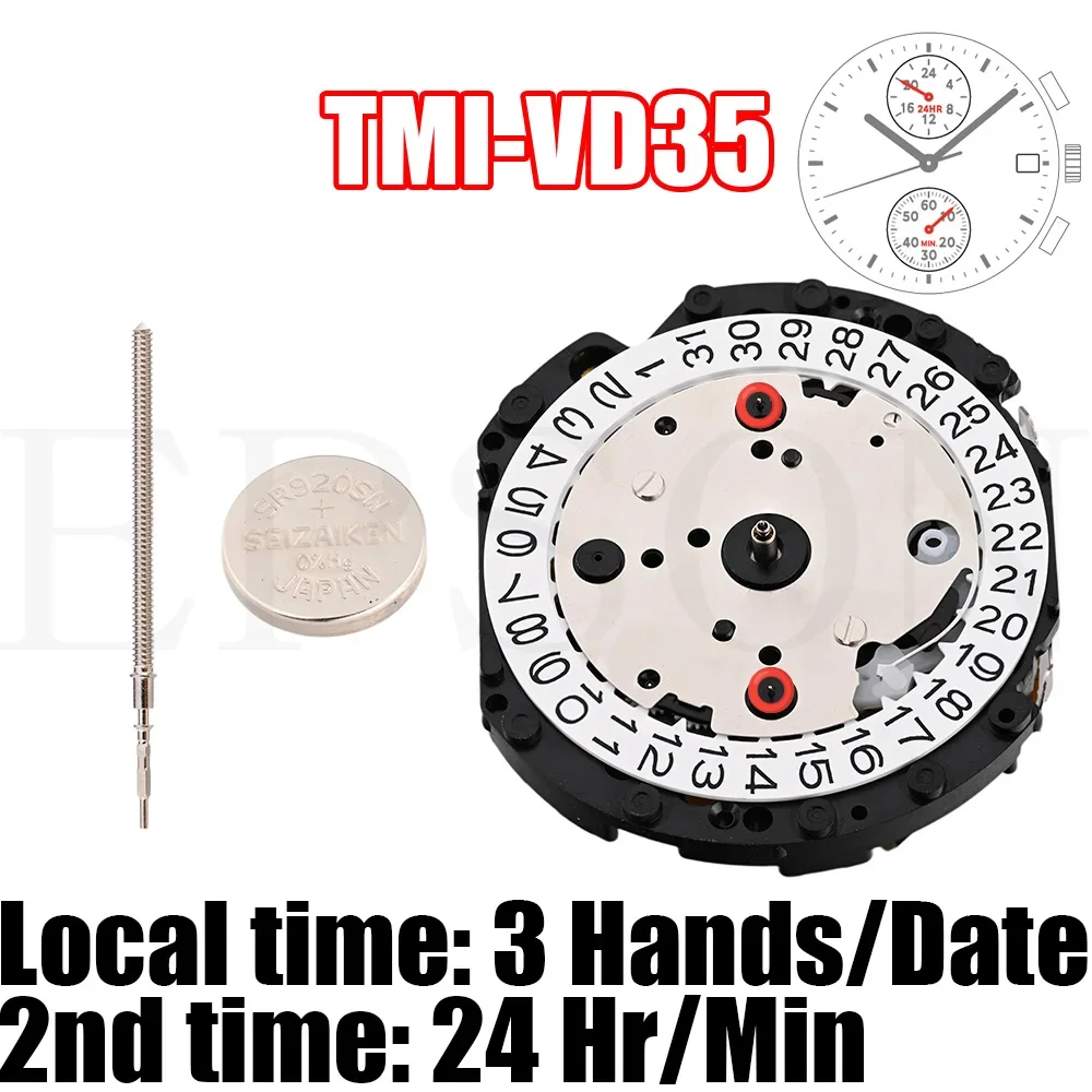 VD35 Movement TMI VD35B Movement Size: 12 ¾‴  Height: 4.57mm 5 hands/date 2nd time: 24 hr/min 6.12 Small Seconds