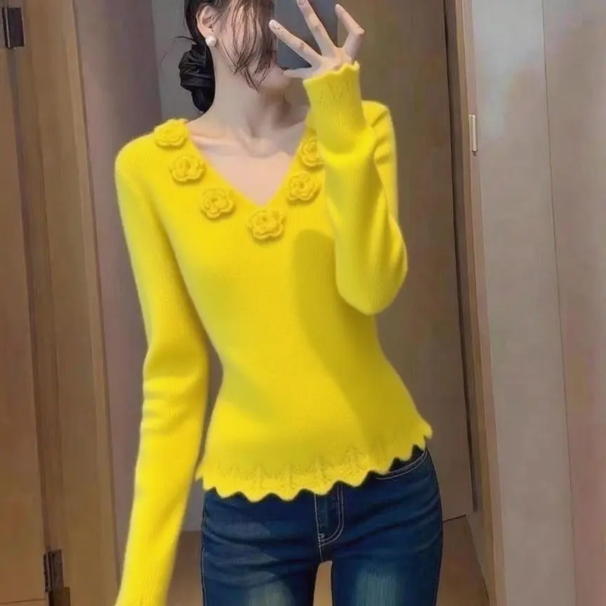 Französisch Hochwertige Pullover Frauen Frühling Herbst Neue Mantel Sanfte V-ausschnitt Pullover Dreidimensionale Blume Strickwaren Damen Top