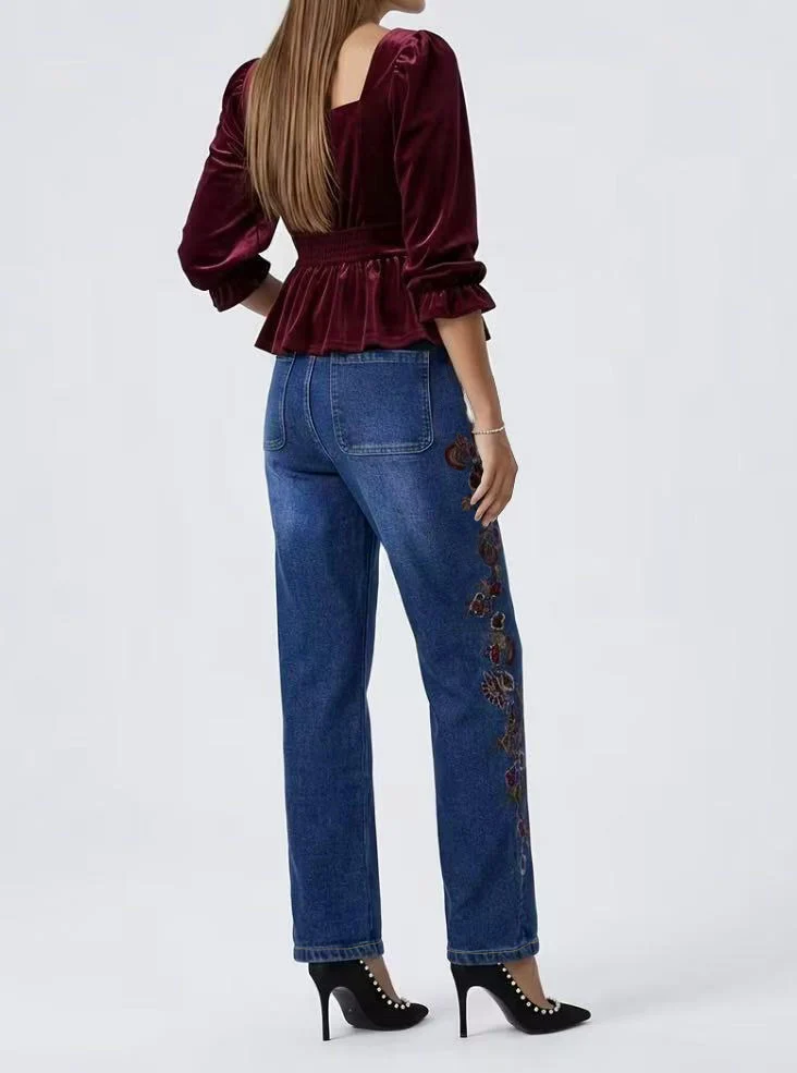 High Waist Side-Bordered Retro Floral Embroidery Straight Leg Jeans for Women