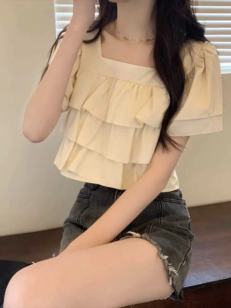 เสื้อชีฟองทรงหลวม คอเหลี่ยม แขนสั้น สไตล์เกาหลี รุ่นซัมเมอร์ 2024 ดีไซน์หวาน แฟชั่น แต่งระบายชายเสื้อ