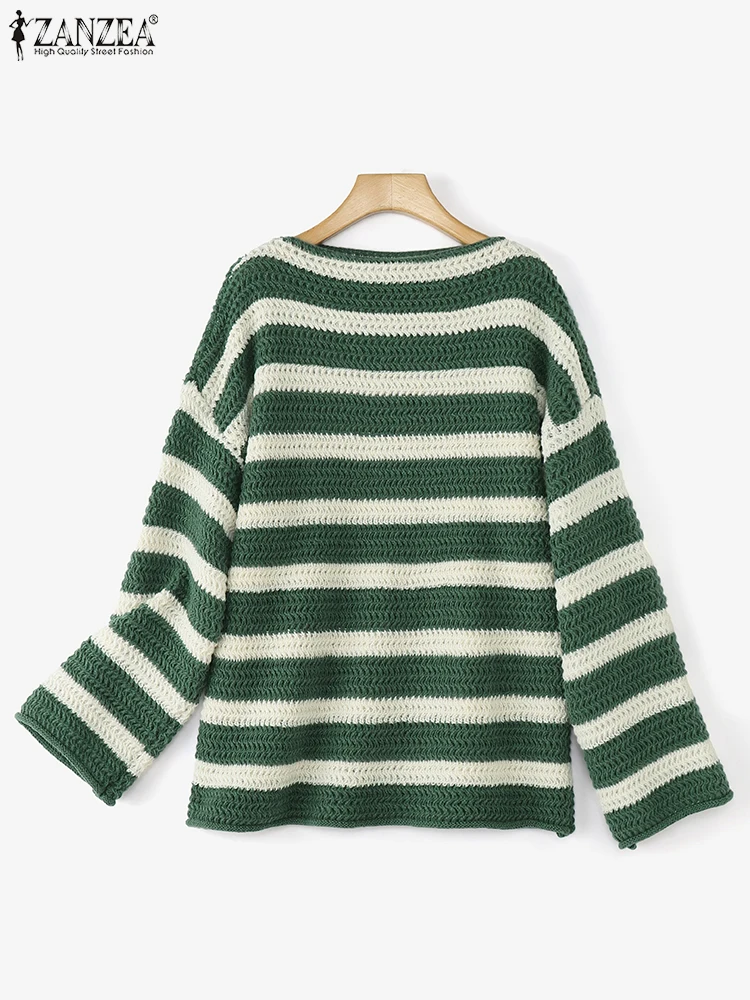 

2025 Winter Knitted Pullover Sweaters ZANZEA Stlyish Women Autumn Slash Neck Long Sleeve Sweaters Casual Loose Striped Jumpers