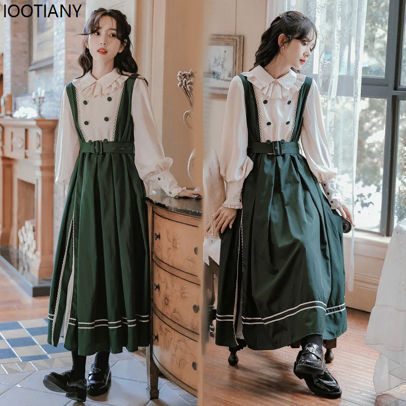 

Women Palace Retro Elegant Patchwork Dress Spring Autumn Fake Two-piece French Lantern Sleeve Costume Lolita Birthday Party Suit