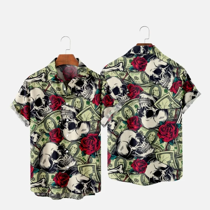 

Men's Fashion Summer T-Shirts Hawaiian Skull Demon 3d Print Cozy Casual One Button Shirts Short Sleeve Beach Oversized Shirts 8