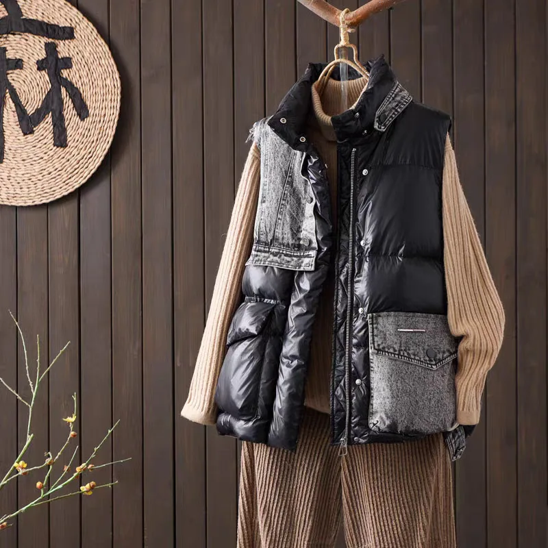 Fashion Street Down Vest Winter Casual Trendy Denim Splicing Short Waistcoat Women‘s Thick Warm White Duck Puffer Tank Coat