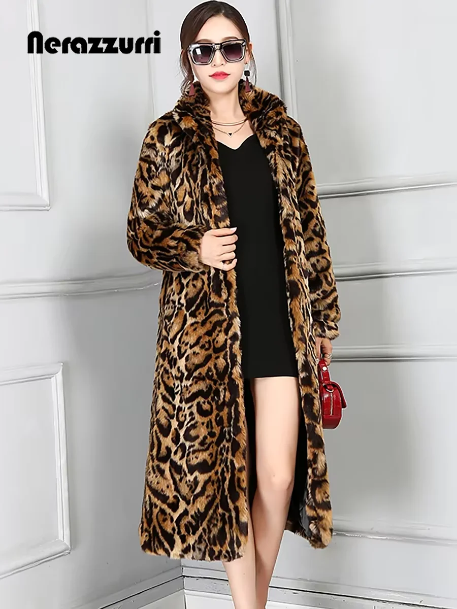 Nerazzurri outono inverno longo grosso quente colorido leopardo impressão fofo casaco de pele do falso feminino gola luxo casaco peludo
