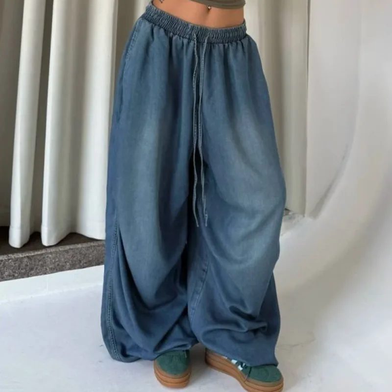 Hksh primavera outono novas mulheres jeans baggy cordão cintura elástica angustiado lavado denim versátil retro chique calças hk14499