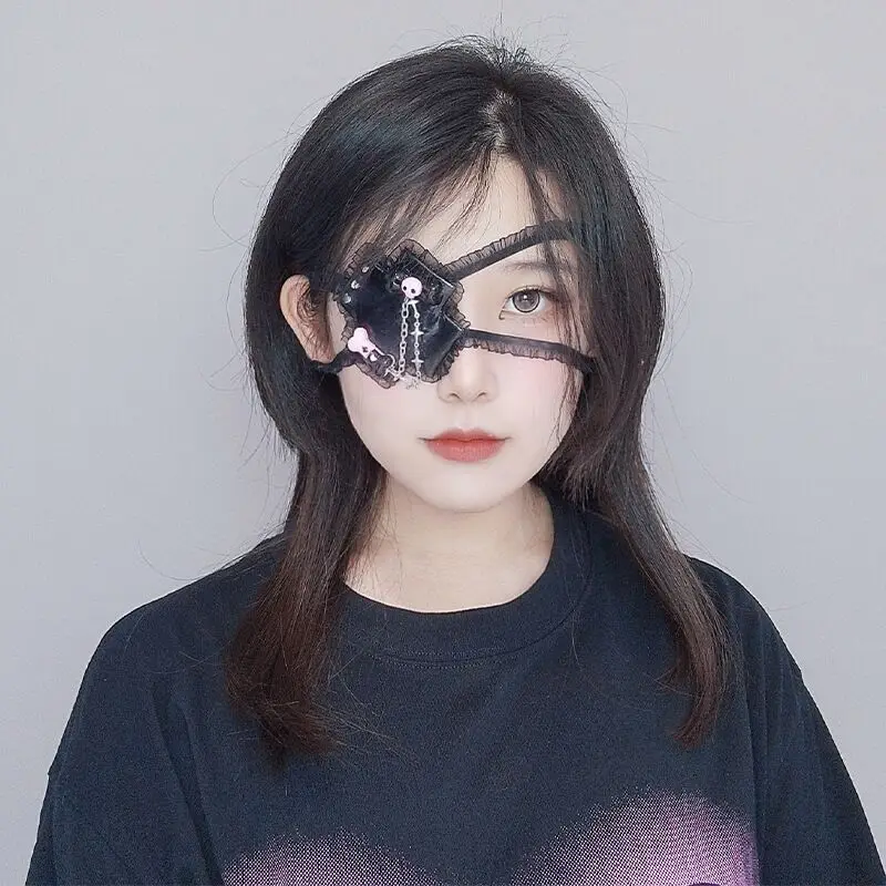 Lolita Anime Single Eye Mask Black Mask Gothic Pink Skull Comfortable Eye Patch Adjustable Halloween Cosplay Party Accessories