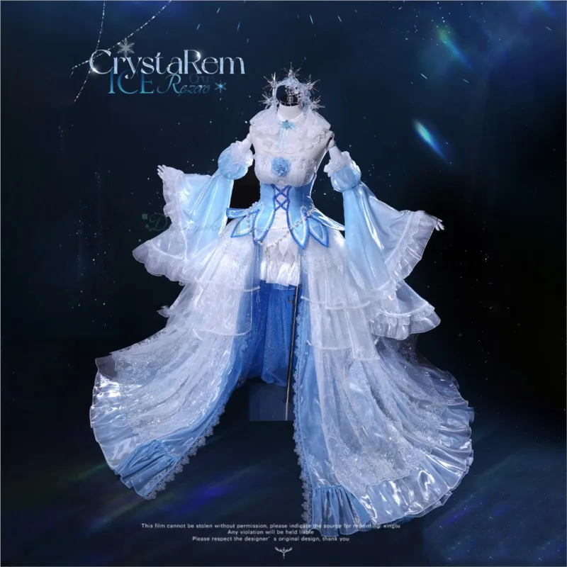 Disfraz de Halloween para adultos, Anime Re Zero Ramu, hermoso uniforme, Cosplay, vestido de novia de cola, tocado de cristal de hielo, peluca, disfraz Wo
