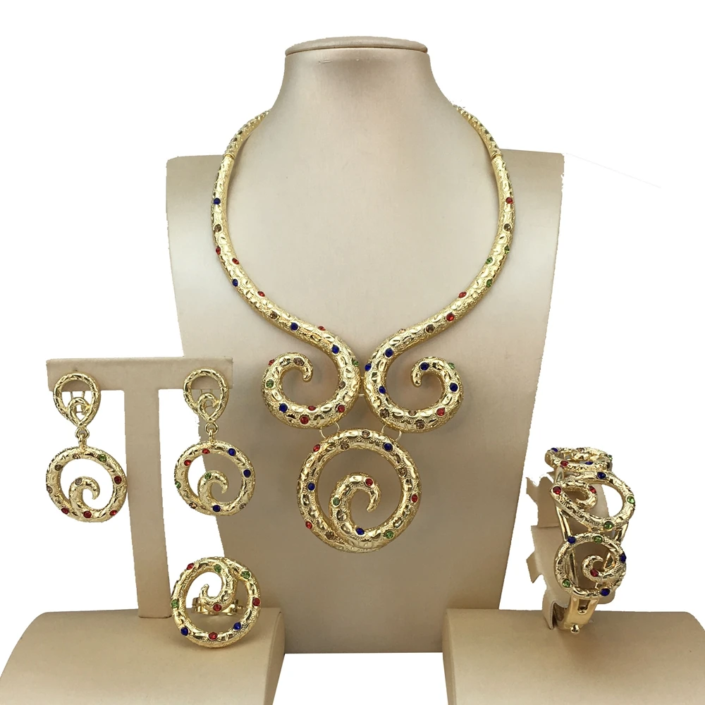 Fashion Woman Jewelry Set 2024 New Design Gold-color African Necklace Bracelet Ring Earrings Full Set FHK18499