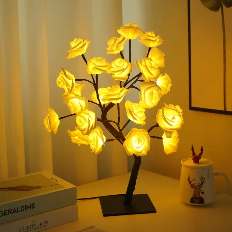 

24 LED Rose Flower Tree Lights USB Table Lamp Fairy Maple Leaf Night Light Party Christmas Wedding Bedroom Decoration Gift