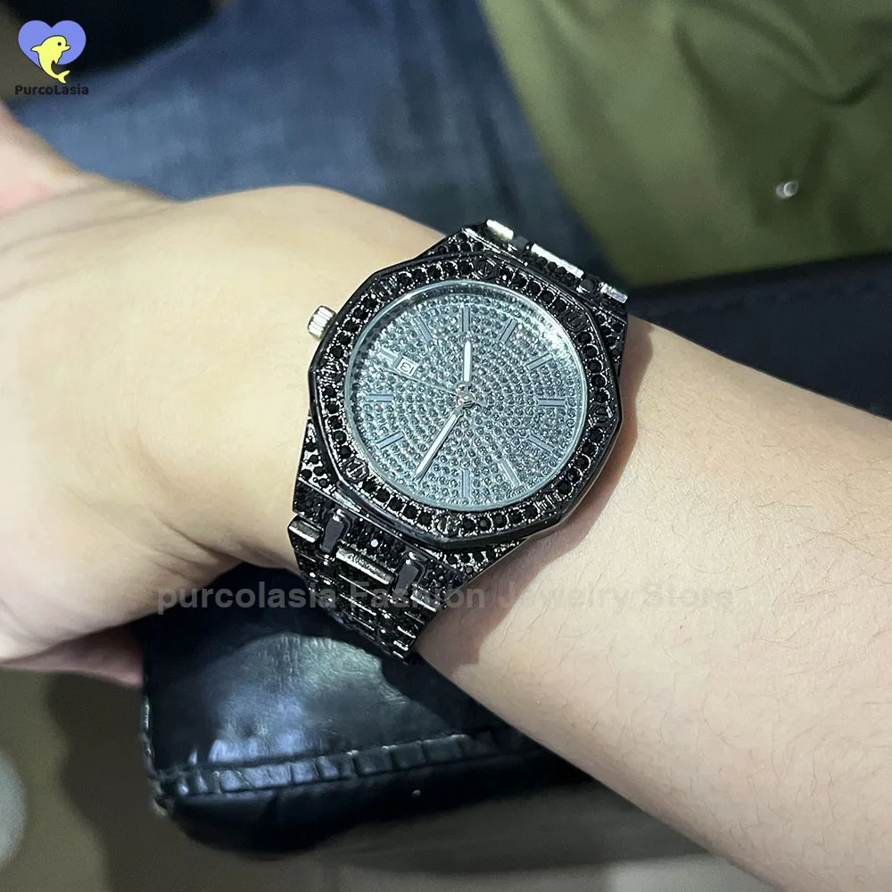 Cool Shiny Rhinestones Men Hip Hop Watch Customized Band Length Clock Iced Out Steel Octagonal Sky Star Wrist Watches