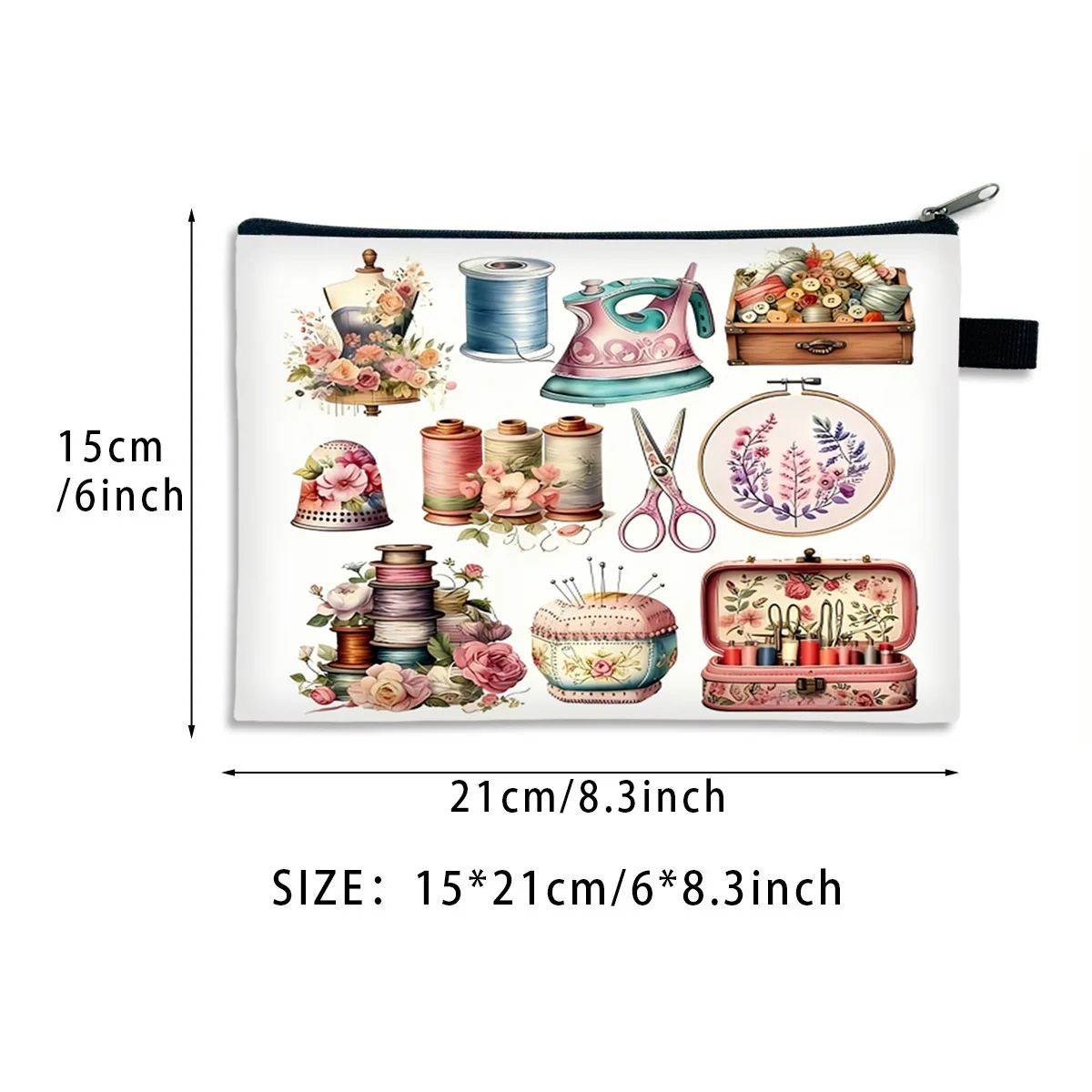 Vintage Sewing Tools Makeup Bag Floral Thread Scissors Iron Print Canvas Zipper Cosmetic Pouch Travel Storage Gift Bag