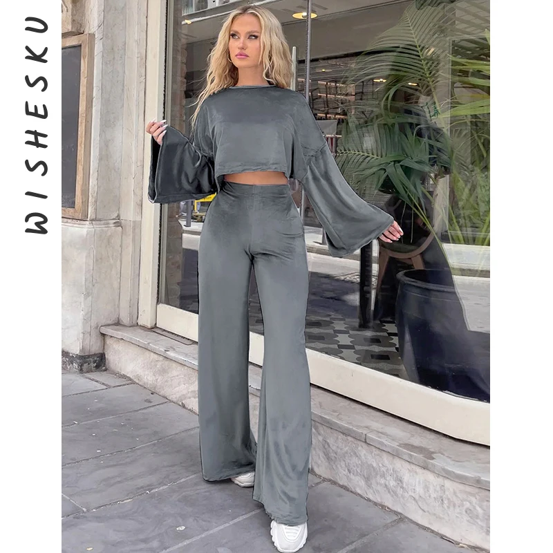 

Two Piece Set Women Tracksuits Sexy Flare Long Sleeve Crop Top+High Waist Casual Baggy Pants Outfits 2025 Fall Y2K Clothes