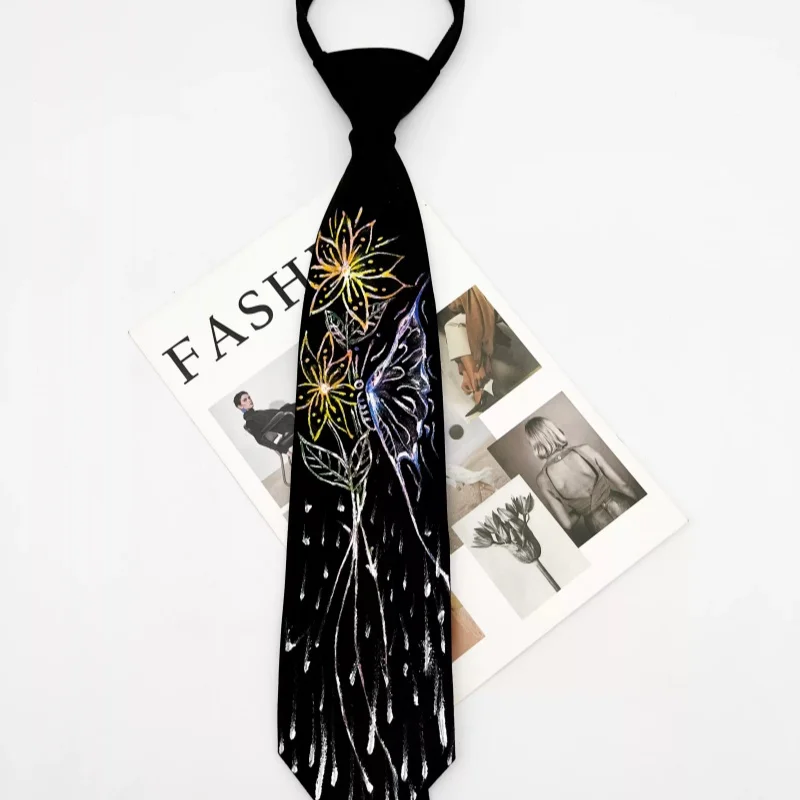 cravate-unisexe-imprimee-a-la-main-motif-papillon-et-fleur-design-original-marque-de-mode-style-universitaire-noir-elegante-et-distinctive