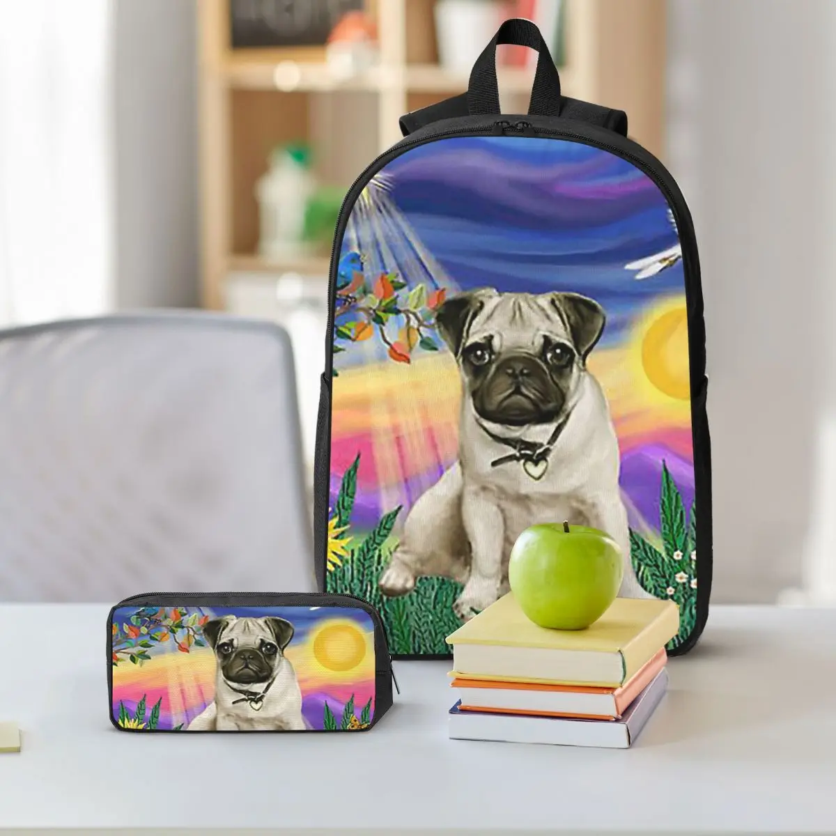 Twilight With A Pug Backpack Student BookBag School Bag Shoulder Bags 3ps Insulated Lunch Bag Pencil Case