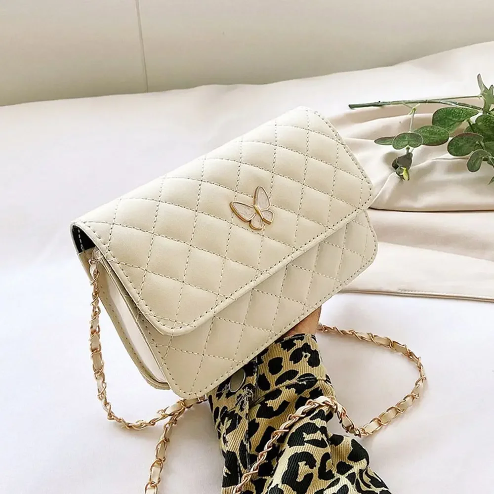 PU Leather Shoulder Bag Classic Style Diamond Pattern Chain Bag Women Trendy All-Match Crossbody Bag Mini Korean Style Bags