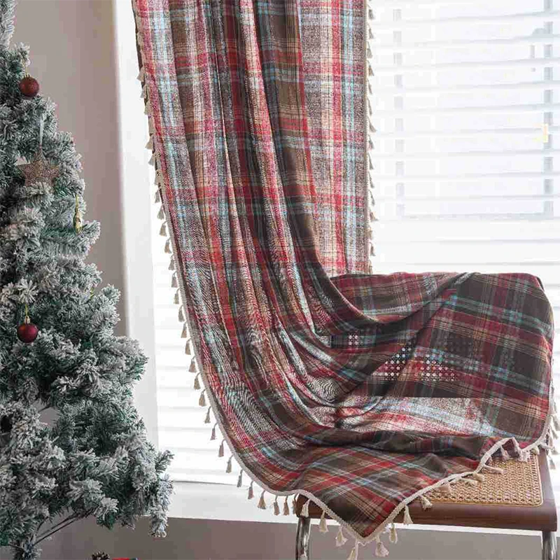 Retro Style Christmas Style Tassel Edge Striped Curtain Suitable for Bedroom Living Room Party Home Decoration 1PC