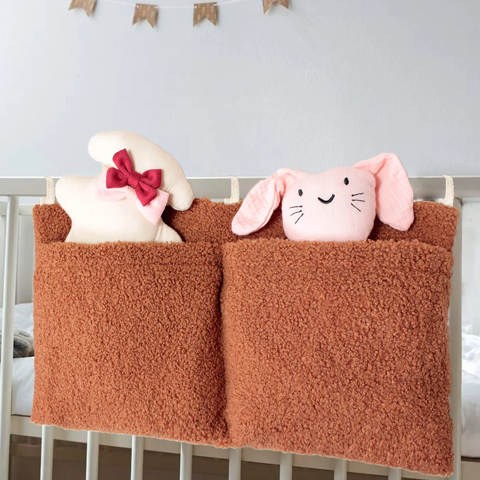 Baby Bed Hanging Bag Velvet Double Pocket Baby Diaper Storage Bag Nappy Caddy Organizer Cart Hanging Bag Bedding Baby Items